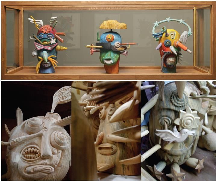 20c super heroes_monsters_series_, oriental painting on wooden sculpture, max, dimensions h50xw50xd30cm each, installation