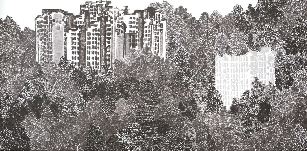 혼재된 풍경-아파트  200×366cm  화선지에 수묵  2008