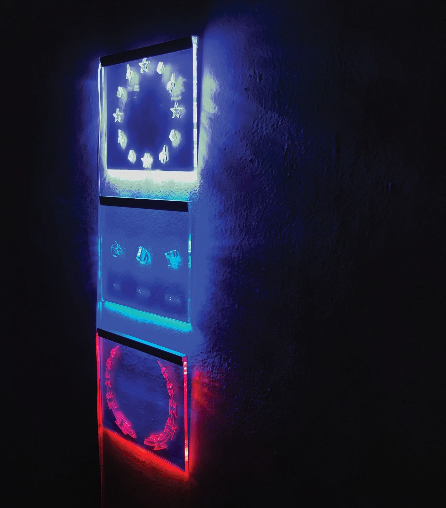 &#201;GALIT&#201;, LIBERT&#201;, FRATERNIT&#201;, 210×245mm (3 pieces), engraved plexiglass with LED lighting, 2016